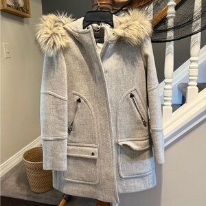 J. Crew Light Gray Fur-Trimmed Puffer Coat